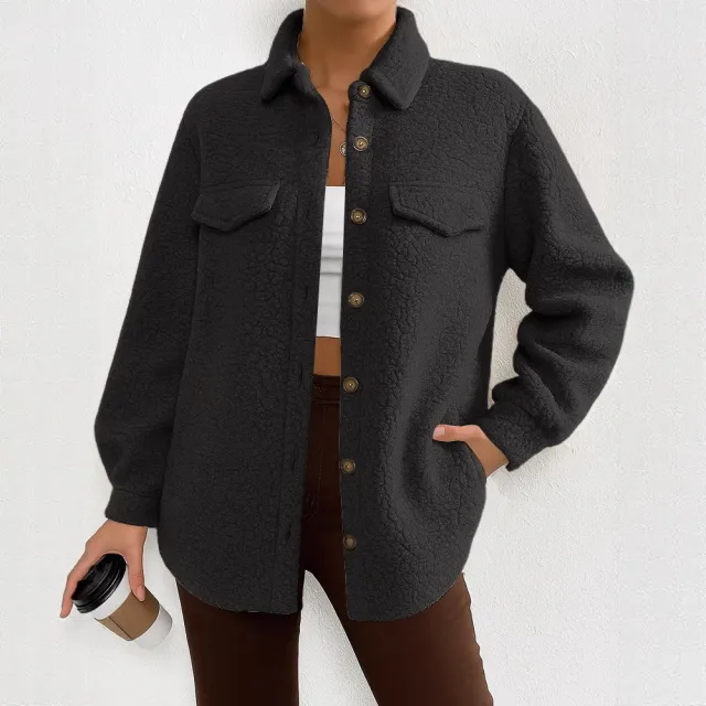 Women's Solid Color Long sleeved Lapel Fleece Jacket Black - Shop at LoveMi