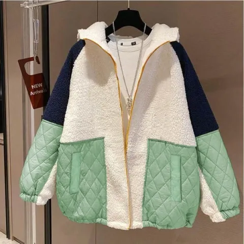 Loose Lamb Wool Women's Stitching Contrast Color Fleece Padded Coat Beige Green - Shop at LoveMi