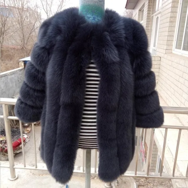 Fox Fur Mid length Coat For Women Navy Blue - Shop at LoveMi