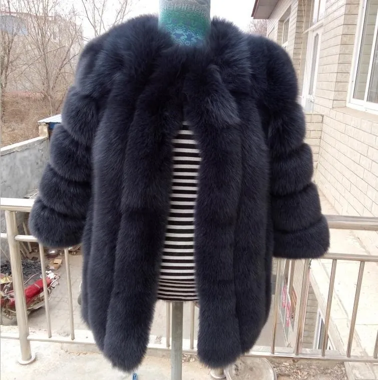 Fox Fur Mid-length Coat For Women - Navy Blue