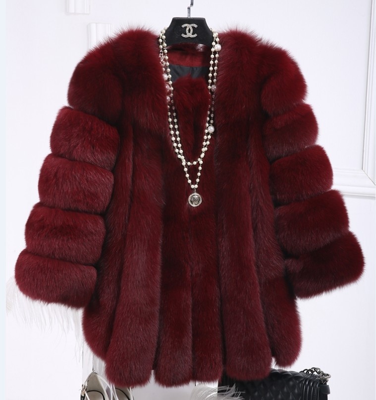 Fox Fur Mid length Coat For Women Wine Red - Shop at LoveMi