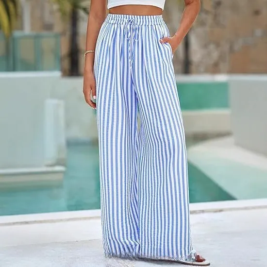 Striped Printed Drawstring Slant Pockets Wide Leg Pants - Light Blue