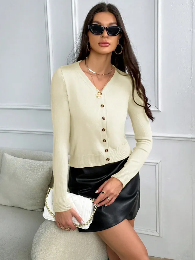 Women's Simple Solid Color Long sleeved Sweater Cardigan Apricot - Shop at LoveMi