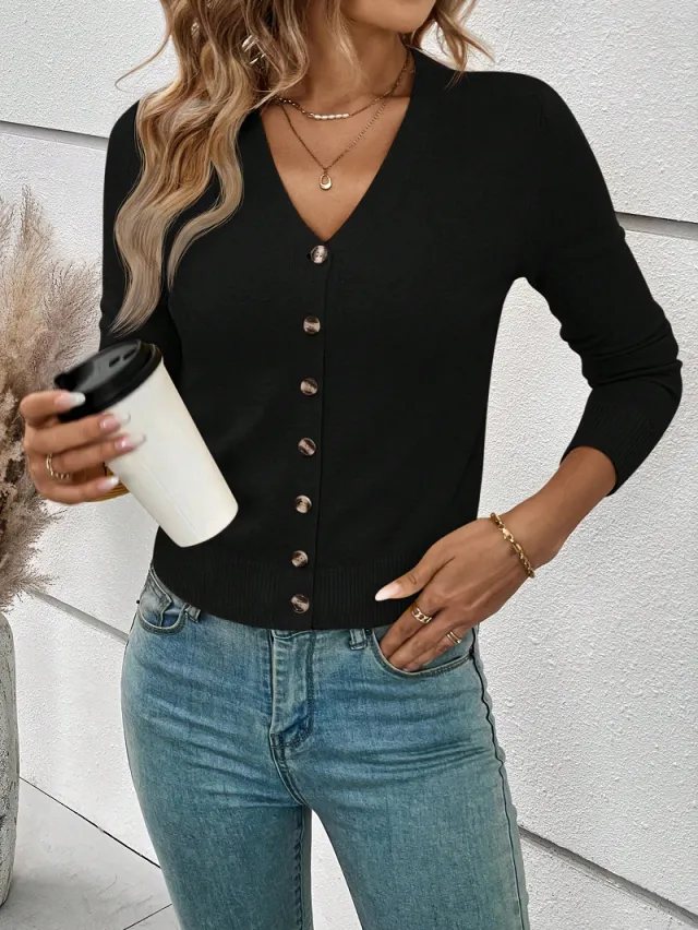 Women's Simple Solid Color Long sleeved Sweater Cardigan Black - Shop at LoveMi