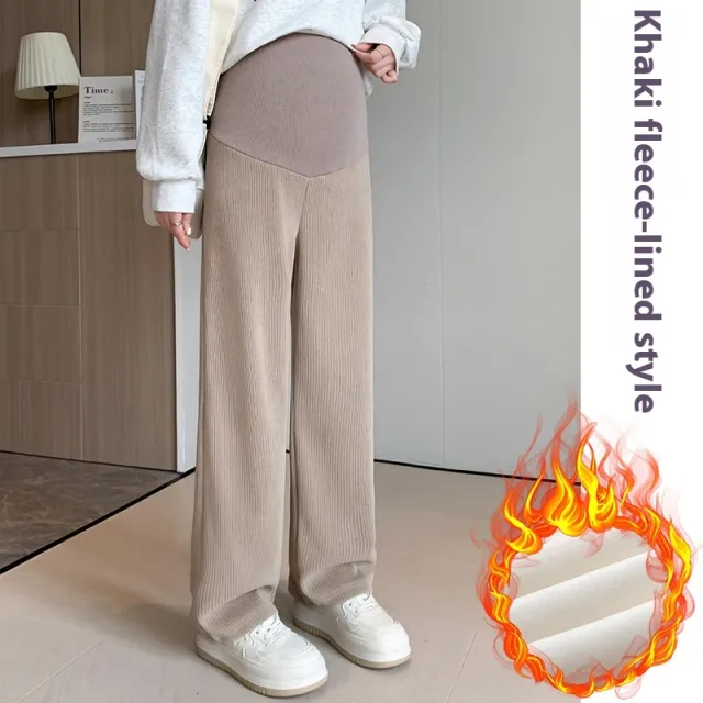 European Cotton Velvet Stripes Maternity Pants Outer Wear Fleece lined Thickened 7001B Khaki - Shop at LoveMi