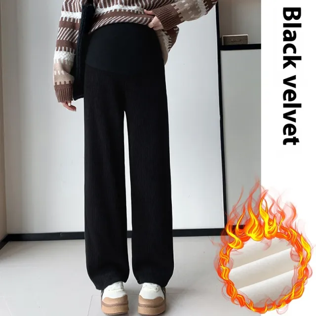 European Cotton Velvet Stripes Maternity Pants Outer Wear Fleece lined Thickened 7001B Black - Shop at LoveMi