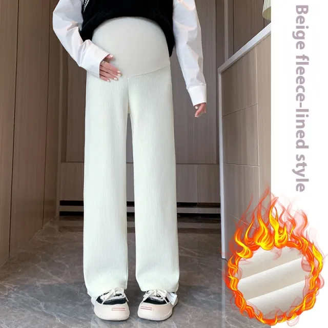 European Cotton Velvet Stripes Maternity Pants Outer Wear Fleece lined Thickened 7001B Apricot - Shop at LoveMi