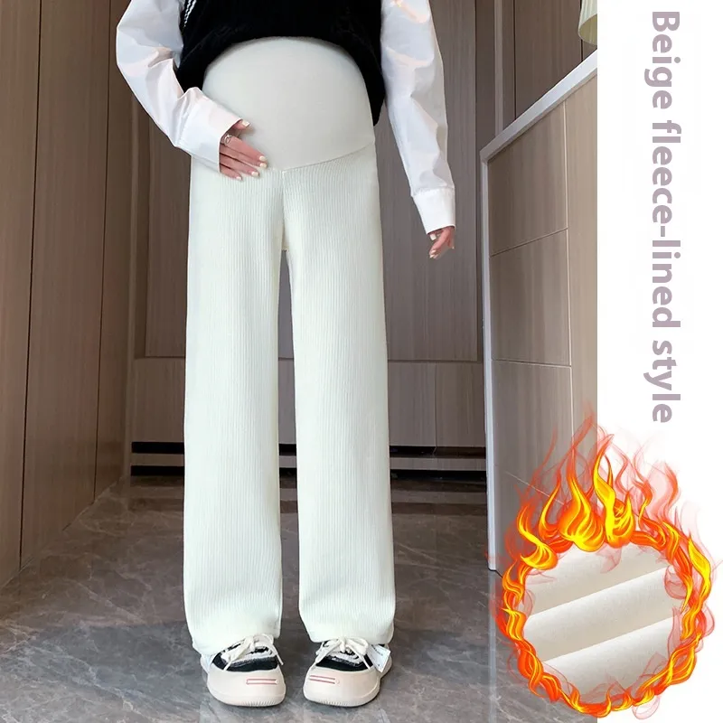 European Cotton Velvet Stripes Maternity Pants Outer Wear Fleece-lined Thickened - 7001B Apricot