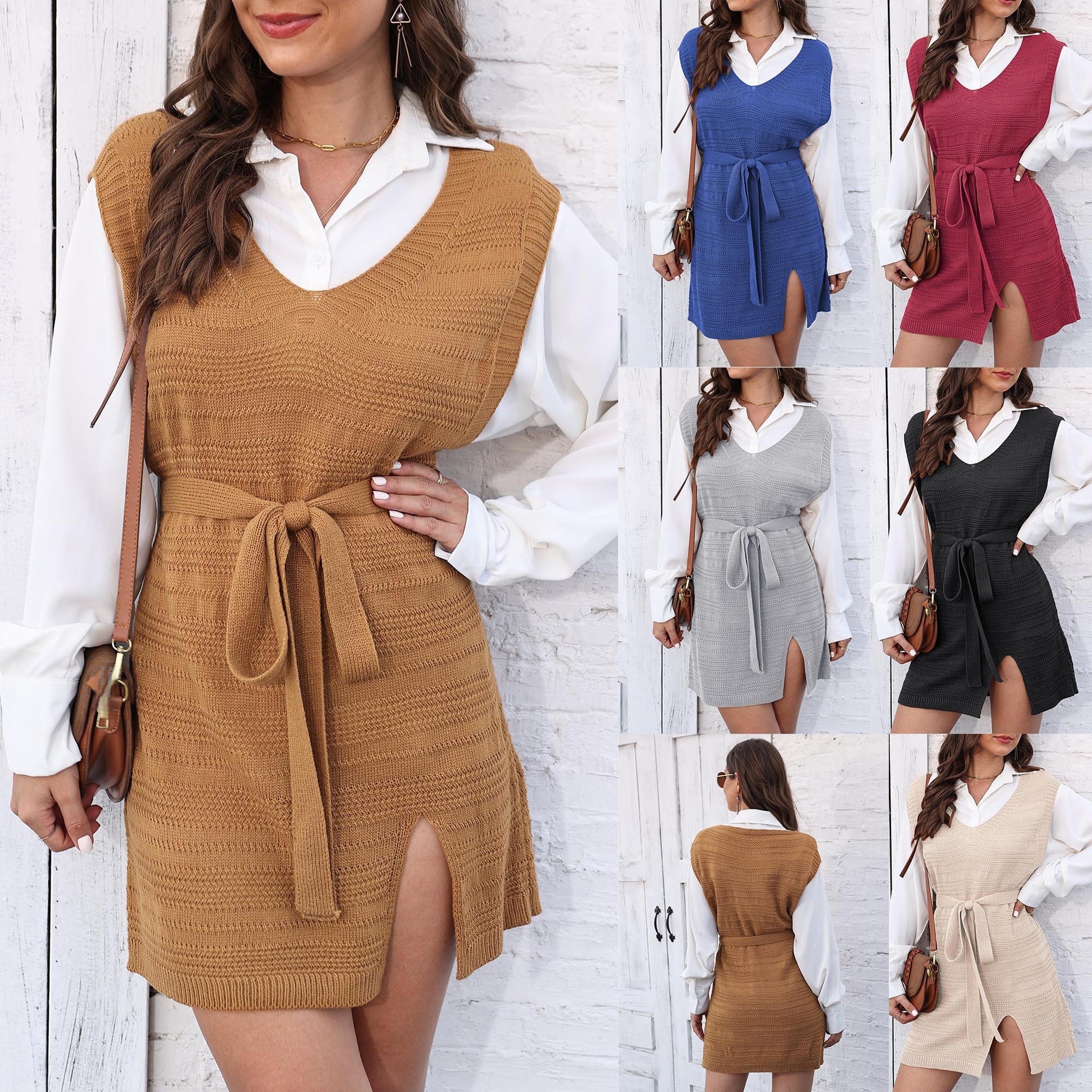 Ladies' Vest Lace-up Split Skirt Woven Sweater