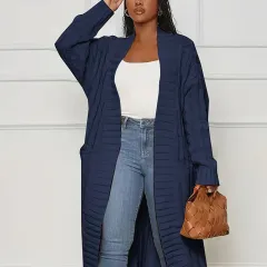 Women's Solid Color Elegant Knitted Coat Fashion Pocket - Navy Blue - View 1