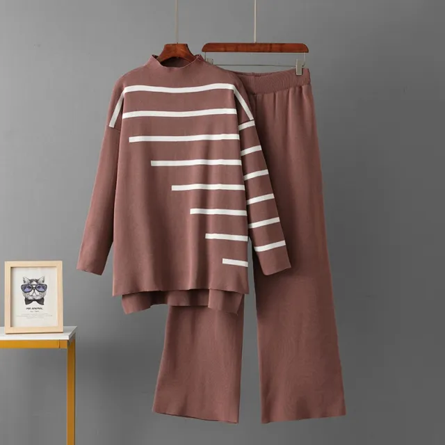 Striped Temperament Knitted Two piece Turtleneck Sweater Loose Casual Brown - Shop at LoveMi