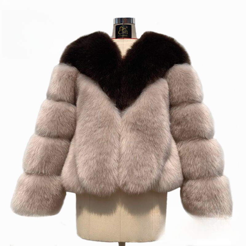 Color Matching Korean Casual Fox Fur Overcoat Coffee Rice Camel - Shop at LoveMi
