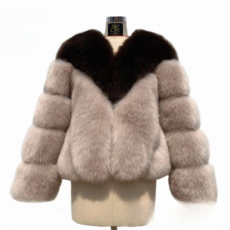 Color Matching Korean Casual Fox Fur Overcoat - Coffee Rice Camel