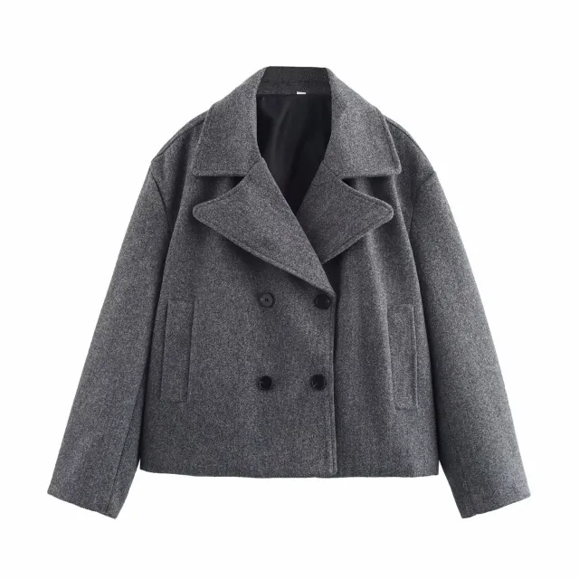 Gray Suit Woolen Jacket Women's Loose Double breasted Short Coat Gray - Shop at LoveMi