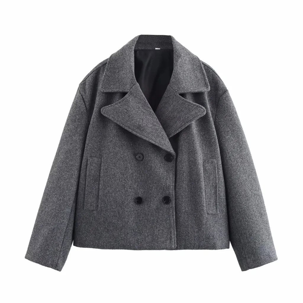 Gray Suit Woolen Jacket Women's Loose Double-breasted Short Coat - Gray