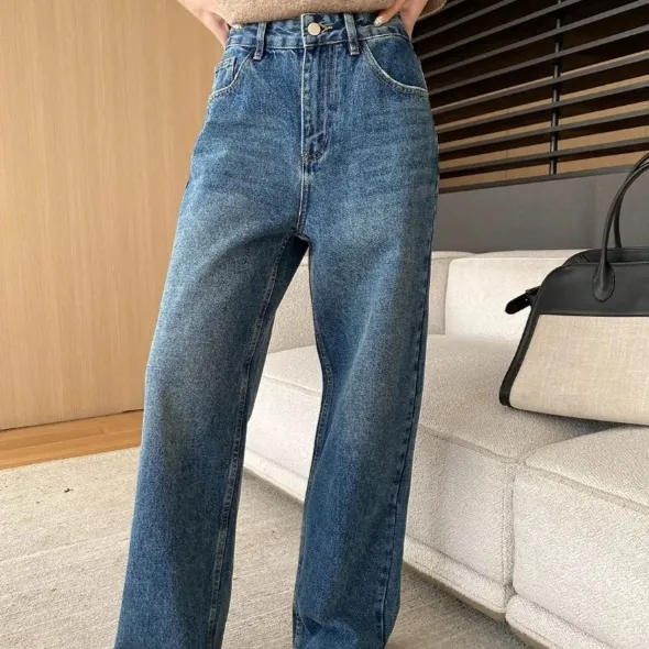 Retro High Waist Slimming And Wide Leg Jeans Blue - Shop at LoveMi