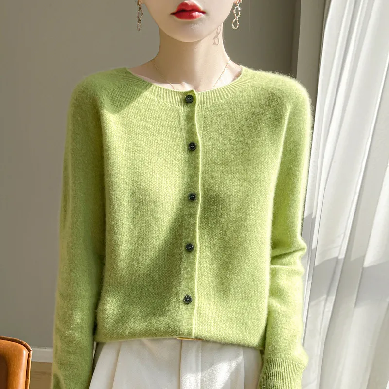 Cardigan Plus Size Coat Loose Round Neck Sweater - Green
