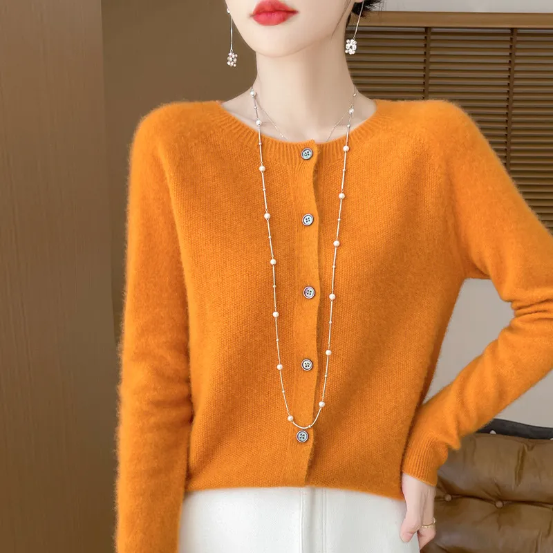 Cardigan Plus Size Coat Loose Round Neck Sweater - Orange