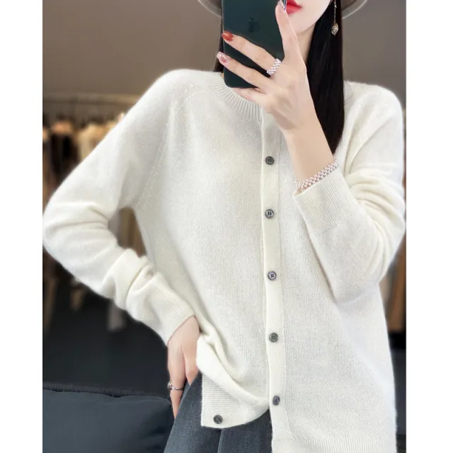 Cardigan Plus Size Coat Loose Round Neck Sweater White - Shop at LoveMi