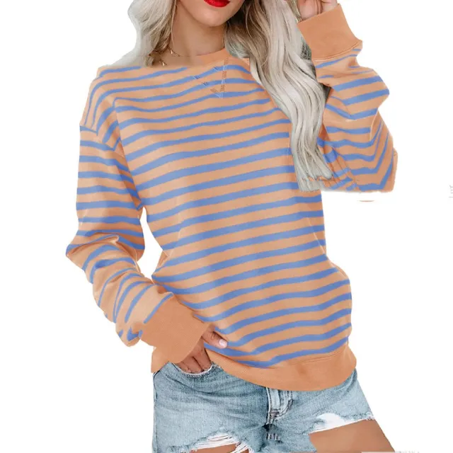 Striped Contrast Color Round Neck Trendy Long sleeve Light Orange And Blue Stripes - Shop at LoveMi