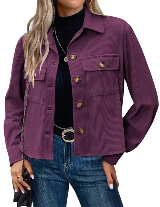 Women's Fashion Short Short Shirt Corduroy Button Purple - Shop at LoveMi