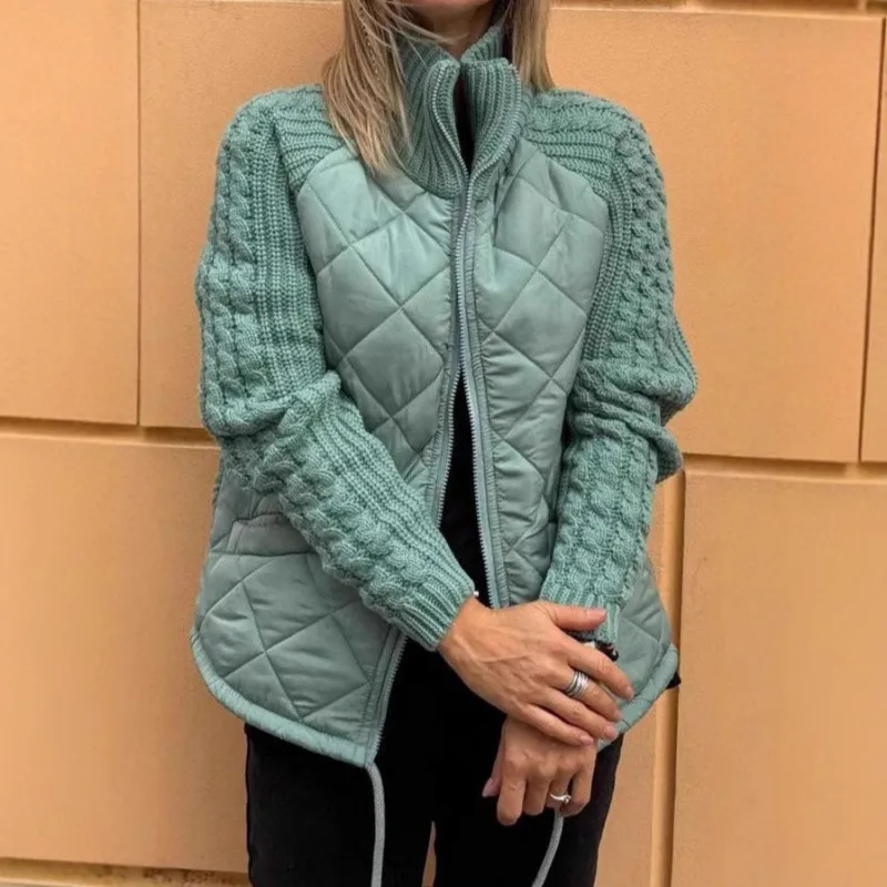 Winter Stand Collar Cotton Jacket With Pockets Fashion Knitted Stitching Zipper Coat Warm Tops For Women Clothing - Lack Blue A