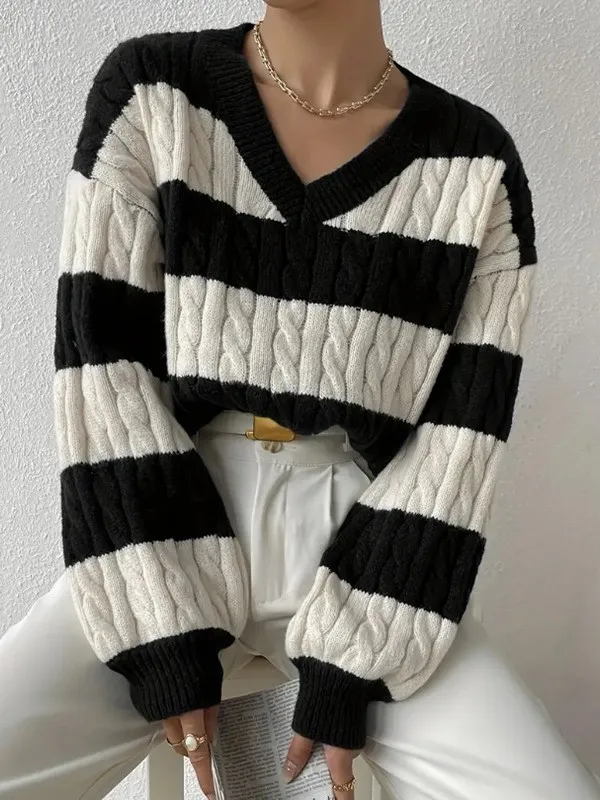 V neck Long Sleeve Striped All matching Women's Sweater Black - Shop at LoveMi