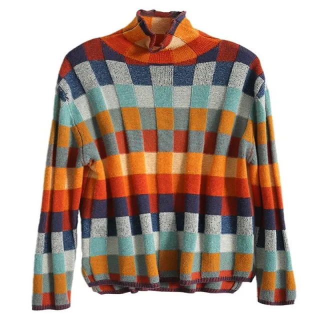 Women's Colorful Chessboard Plaid Turtleneck Laid back Figure Flattering Sweater Color - Shop at LoveMi