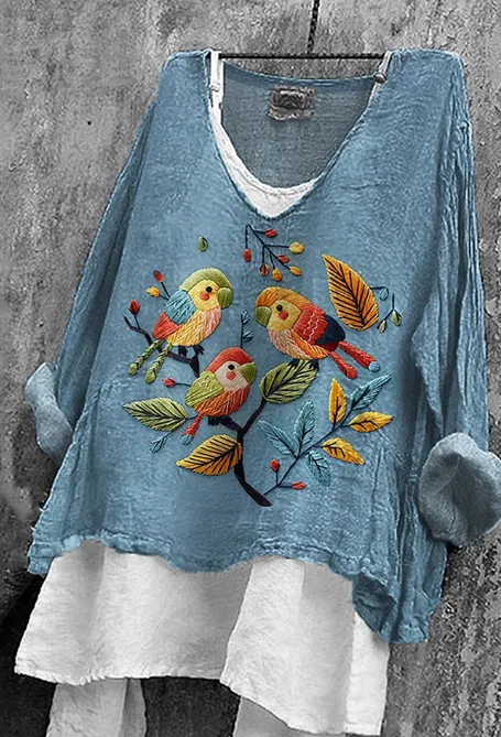 Women's Sky Blue Bird Pattern Print Cotton Linen Shirt - Blue