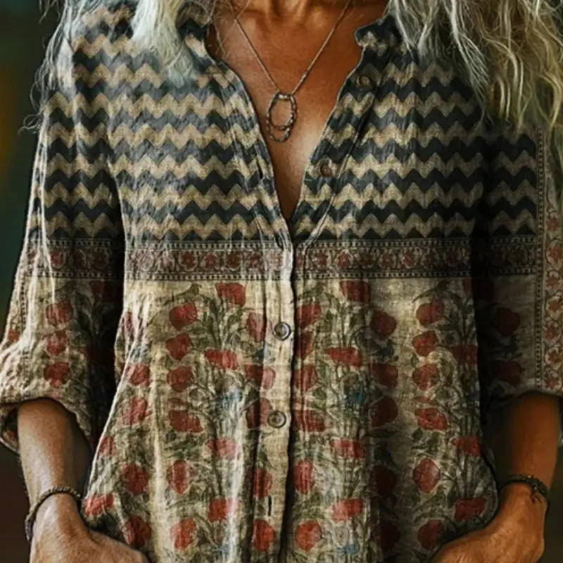 Women's Vintage Bohemian Floral Art Print Casual Cotton Linen Shirt