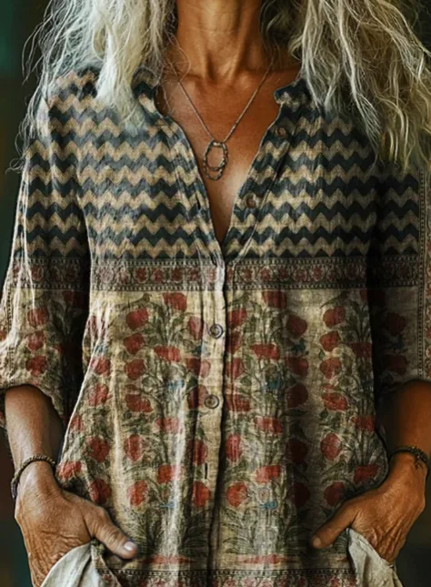 Women's Vintage Bohemian Floral Art Print Casual Cotton Linen Shirt - Brown