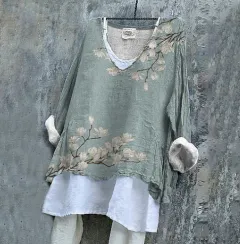 Women's Magnolia Floral Art Print Linen V-neck Casual Shirt - Blue - View 1