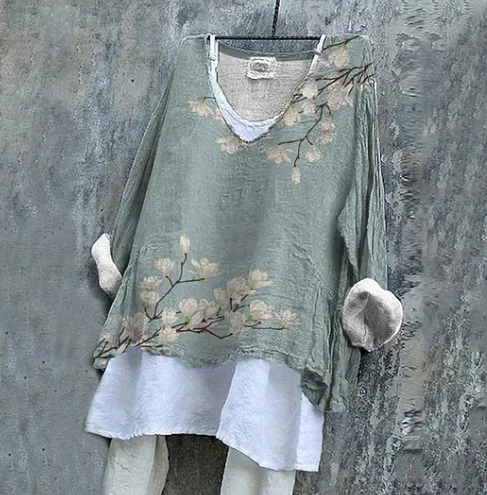 Women's Magnolia Floral Art Print Linen V neck Casual Shirt Blue - Shop at LoveMi