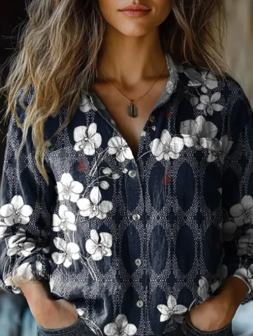 Women's Irregular Navy Floral Print Casual Long Sleeve Cotton Shirt Navy Blue - Shop at LoveMi
