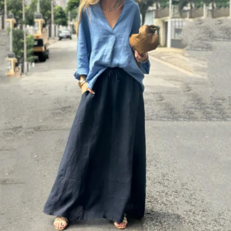 Women's Casual Cotton Linen Shirt Skirt Two-Piece Set - Blue