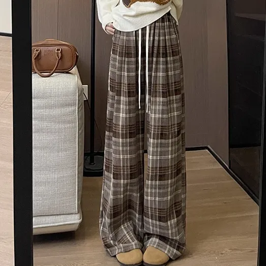 Plaid High Waist Drooping Baggy Pants Coffee Color - Shop at LoveMi