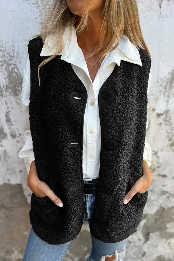 Lambswool Fleece Button Jacket Vest Coat - Black
