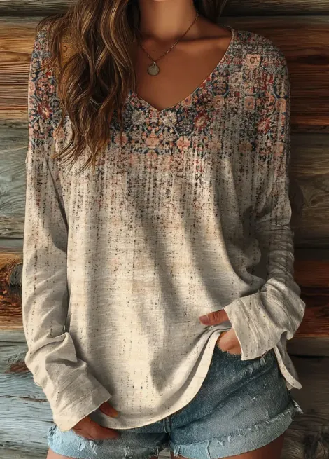 Women's Retro Texture Art Print Casual V neck Long Sleeve T shirt Multicolor - Shop at LoveMi
