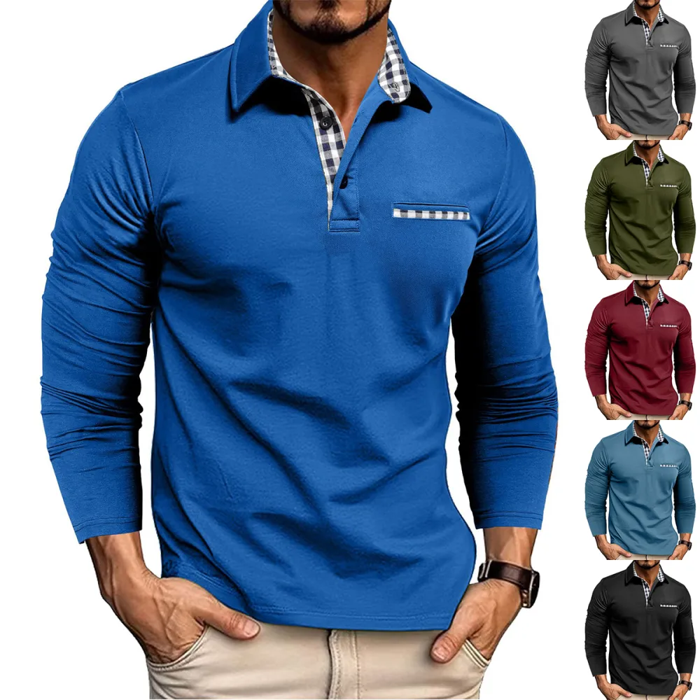 Casual Plaid Splicing Lapel Polo Shirt Fashion Solid Color