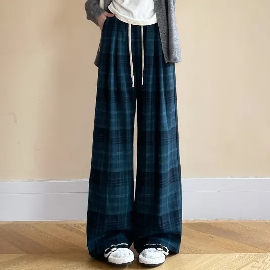 Plaid High Waist Drooping Baggy Pants Green - Shop at LoveMi