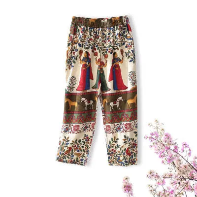 Printed Cotton Linen Pants Women's New Loose Nine Point Harem Pants Fat Plus Size White Background - Shop at LoveMi