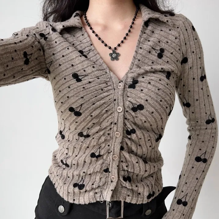 American Retro Cherry Embroidery Lapel Knit Cardigan Slim Fit Long Sleeved Top - Gray Coffee Color