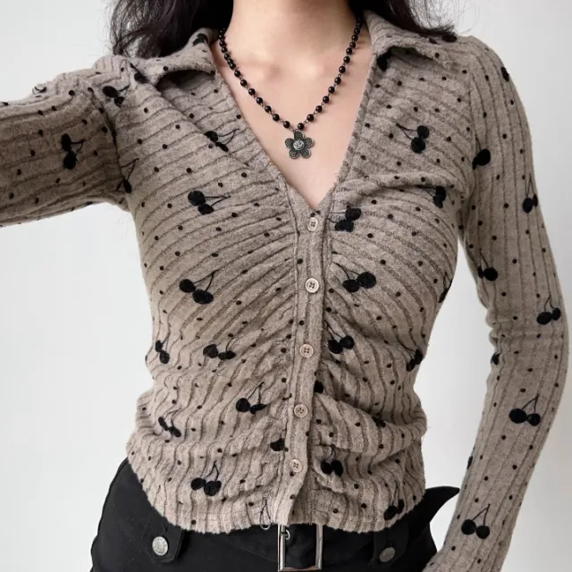American Retro Cherry Embroidery Lapel Knit Cardigan Slim Fit Long Sleeved Top Gray Coffee Color - Shop at LoveMi
