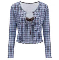 American Retro Plaid Strappy Cardigan Women's Slim Top Two-piece Set - Blue - View 1