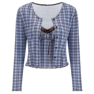 American Retro Plaid Strappy Cardigan Women's Slim Top Two piece Set Blue - Shop at LoveMi