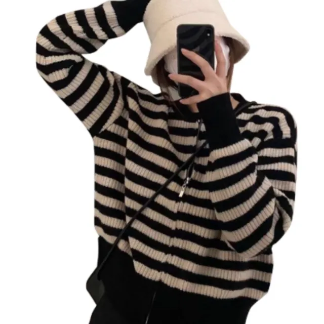 Women's Spring And Autumn Short Striped Knitted Bottoming Sweater Black - Shop at LoveMi
