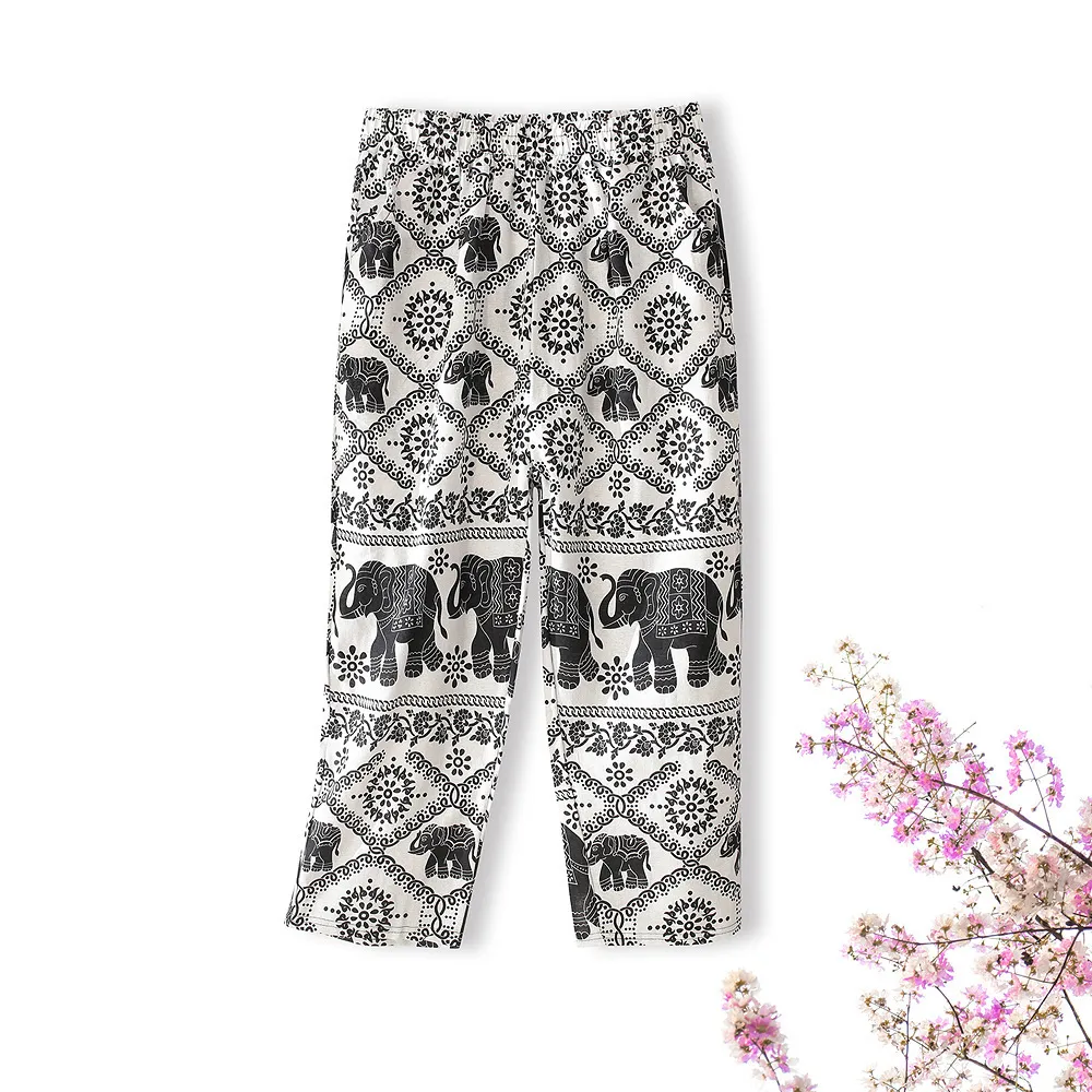 Thin Section Breathable Retro Fashion Nine Point Summer Loose Printed Women's Trousers - White
