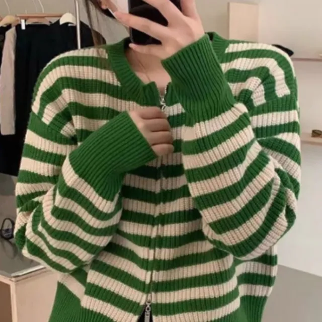 Women's Spring And Autumn Short Striped Knitted Bottoming Sweater Green - Shop at LoveMi