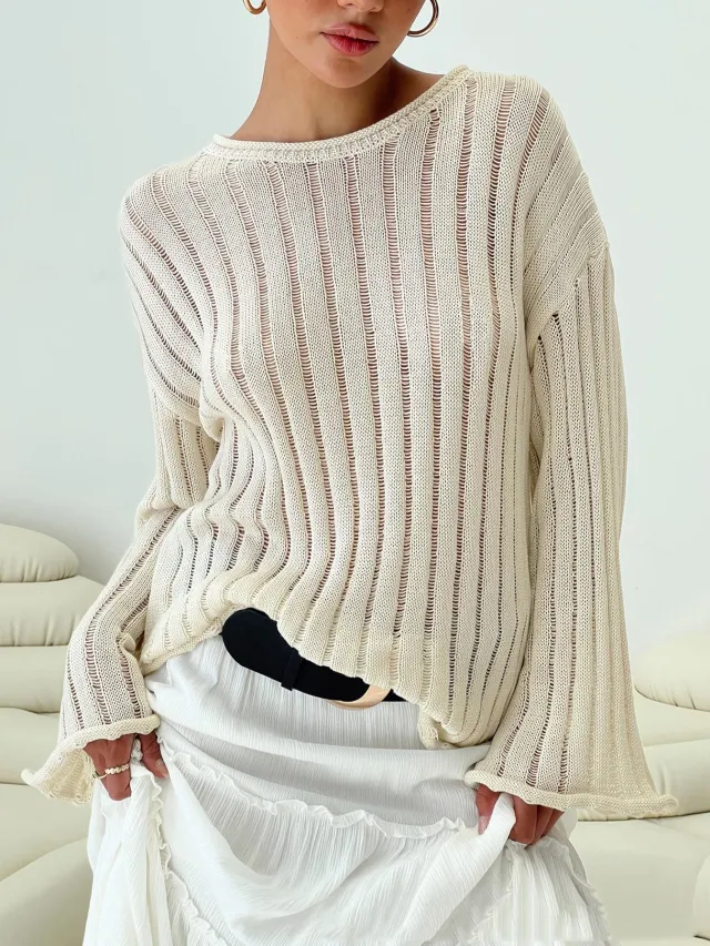 Women's Long Sleeve Thin Sweater Beige - Shop at LoveMi
