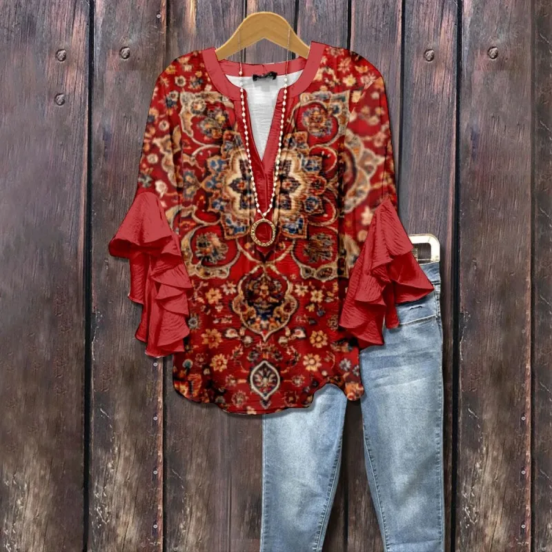 Women's Creative Printing Casual V-neck Lotus Sleeve T-shirt - 10Style-M